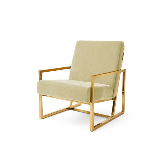 Ivory velvet lounge armchair with polished gold metal frame and open square base, modern luxury seating for upscale event lounges.