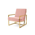 Light Pink velvet lounge armchair with polished gold metal frame and open square base, modern luxury seating for upscale event lounges.