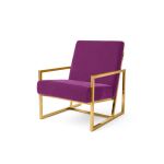 Magenta velvet lounge armchair with polished gold metal frame and open square base, modern luxury seating for upscale event lounges.