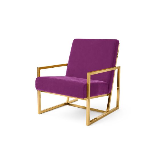 Magenta velvet lounge armchair with polished gold metal frame and open square base, modern luxury seating for upscale event lounges.