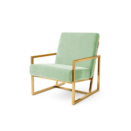 Mint velvet lounge armchair with polished gold metal frame and open square base, modern luxury seating for upscale event lounges.