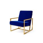 Royal Blue velvet lounge armchair with polished gold metal frame and open square base, modern luxury seating for upscale event lounges.