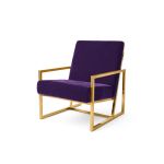 Eggplant velvet lounge armchair with polished gold metal frame and open square base, modern luxury seating for upscale event lounges.