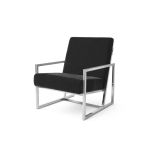Black velvet lounge armchair with polished silver frame and open square base, modern luxury seating for upscale event lounges.