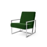 Emerald Green velvet lounge armchair with polished silver frame and open square base, modern luxury seating for upscale event lounges.