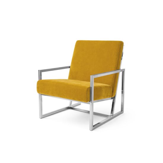 Gold velvet lounge armchair with polished silver frame and open square base, modern luxury seating for upscale event lounges.