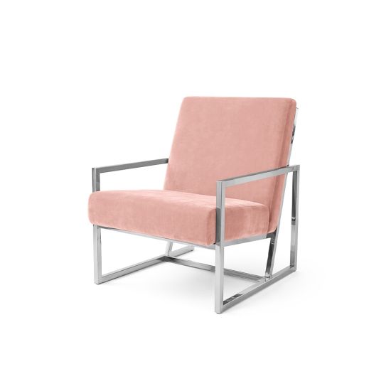Light Pink velvet lounge armchair with polished silver frame and open square base, modern luxury seating for upscale event lounges.