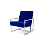 Royal Blue velvet lounge armchair with polished silver frame and open square base, modern luxury seating for upscale event lounges.