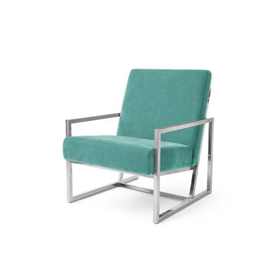 Tiffany Blue velvet lounge armchair with polished silver frame and open square base, modern luxury seating for upscale event lounges.