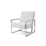 White velvet lounge armchair with polished silver frame and open square base, modern luxury seating for upscale event lounges.