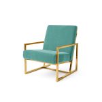 Tiffany Blue velvet lounge armchair with polished gold metal frame and open square base, modern luxury seating for upscale event lounges.