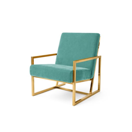 Tiffany Blue velvet lounge armchair with polished gold metal frame and open square base, modern luxury seating for upscale event lounges.