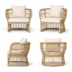 Bohemian rattan lounge chair with woven frame and white cushion, natural wicker seating rental for boho weddings and events.