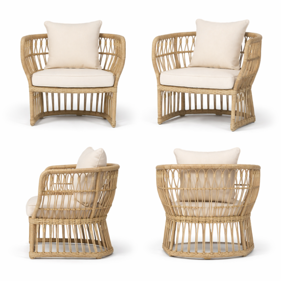 Bohemian rattan lounge chair with woven frame and white cushion, natural wicker seating rental for boho weddings and events.
