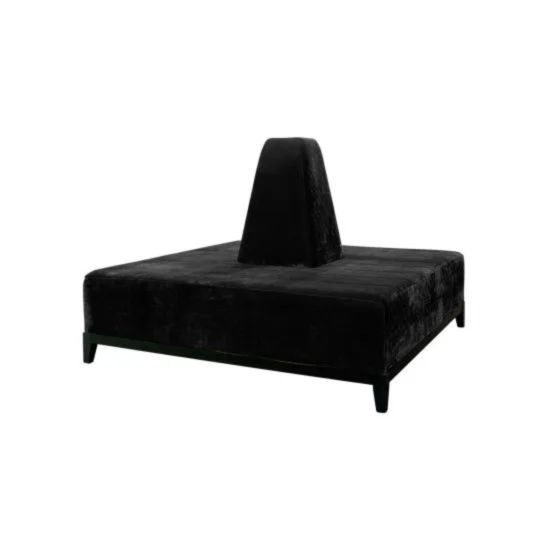 Square black banquette with upholstered seating and center cone backrest on black legs, modern lounge seating rental for events and parties.