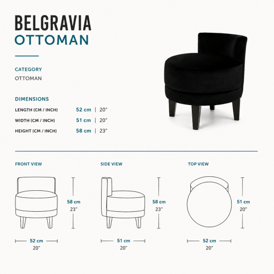 Moss Belgravia ottoman chair with rounded back and upholstered seat, modern lounge seating for events, receptions, and VIP areas