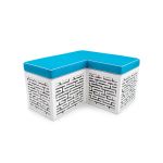 L-shaped Maze bench with bright blue cushioned top and white geometric base, modern modular lounge seating for weddings and events.