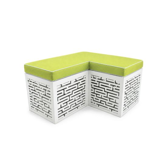 L-shaped Maze bench with lime green cushioned top and white geometric base, modern modular lounge seating for weddings and events.
