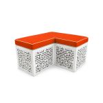 L-shaped Maze bench with orange cushioned top and white geometric base, modern modular lounge seating for weddings and events.