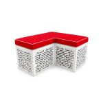 L-shaped Maze bench with red cushioned top and white geometric base, modern modular lounge seating for weddings and events.