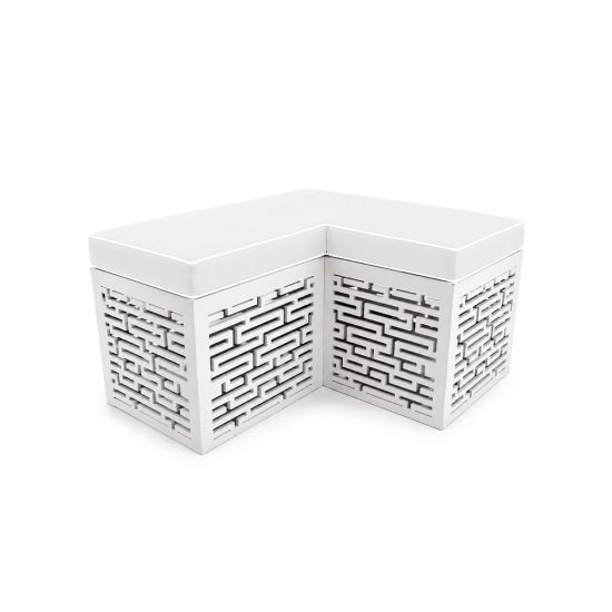 L-shaped Maze bench with white cushioned top and white geometric base, modern modular lounge seating for weddings and events.