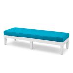 Maze bench with bright blue upholstered cushion and white base, modern lounge seating for outdoor events, weddings, and parties.