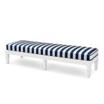 Maze bench with navy-and-white striped cushion and white base, modern lounge seating for outdoor events, weddings, and parties.