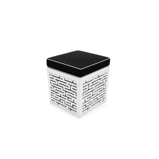 Maze ottoman with black cushioned top and white textured geometric base, modern lounge seating accent for weddings and events.
