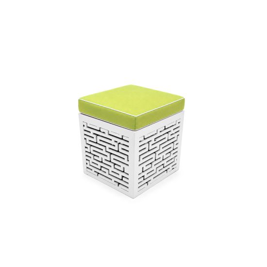 Maze ottoman with lime green cushioned top and white textured geometric base, modern lounge seating accent for events and weddings.