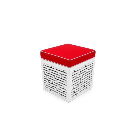 Maze ottoman with red cushioned top and white textured geometric base, modern lounge seating accent for weddings and events.