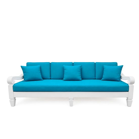 Maze sofa with white frame and bright blue cushions and pillows, modern lounge seating for weddings, outdoor events, and VIP lounges.