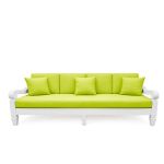 Maze sofa with white frame and lime green cushions and pillows, modern lounge seating for weddings, outdoor events, and VIP lounges.