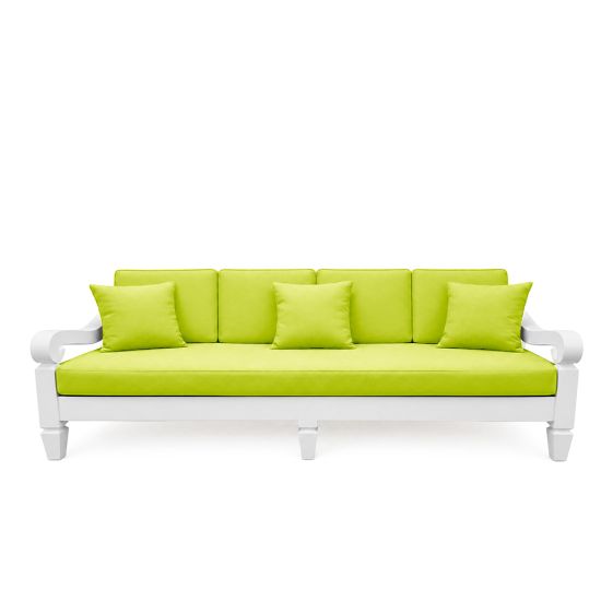 Maze sofa with white frame and lime green cushions and pillows, modern lounge seating for weddings, outdoor events, and VIP lounges.