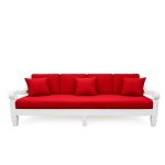 Maze sofa with white frame and red cushions and pillows, modern lounge seating for weddings, outdoor events, and VIP lounges.