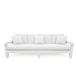 Maze sofa with white frame and white cushions and pillows, modern lounge seating for weddings, outdoor events, and VIP lounges.