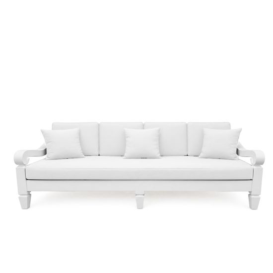 Maze sofa with white frame and white cushions and pillows, modern lounge seating for weddings, outdoor events, and VIP lounges.