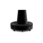 Black velvet round banquette with curved seating and cone center backrest, luxury lounge seating rental for weddings and events.