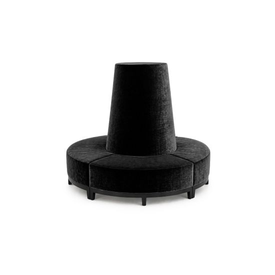 Black velvet round banquette with curved seating and cone center backrest, luxury lounge seating rental for weddings and events.