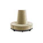Champangne velvet round banquette with curved seating and cone center backrest, luxury lounge seating rental for weddings and events.