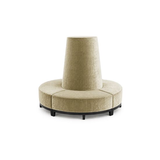 Champangne velvet round banquette with curved seating and cone center backrest, luxury lounge seating rental for weddings and events.