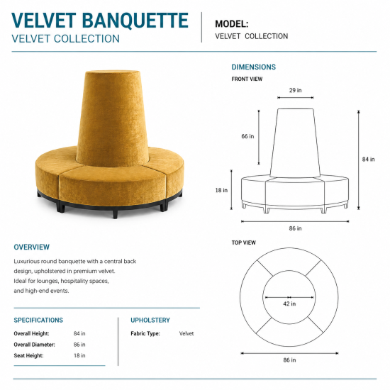 Red velvet round banquette with curved seating and cone center backrest, luxury lounge seating rental for weddings and events.