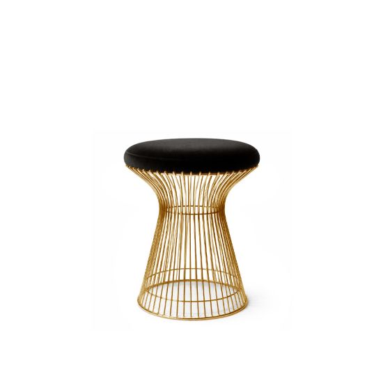 Gold wire ottoman with Black cushioned seat, modern metal stool for living room or event seating