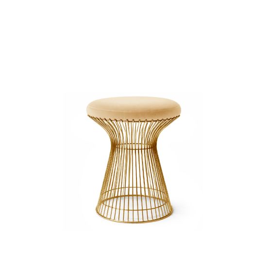 Gold wire ottoman with Champagne cushioned seat, modern metal stool for living room or event seating