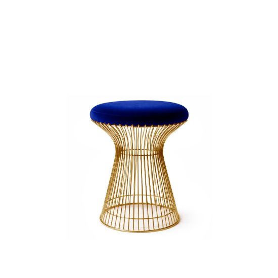 Gold wire ottoman with Royal Blue cushioned seat, modern metal stool for living room or event seating