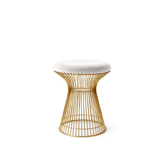 Gold wire ottoman with white cushioned seat, modern metal stool for living room or event seating