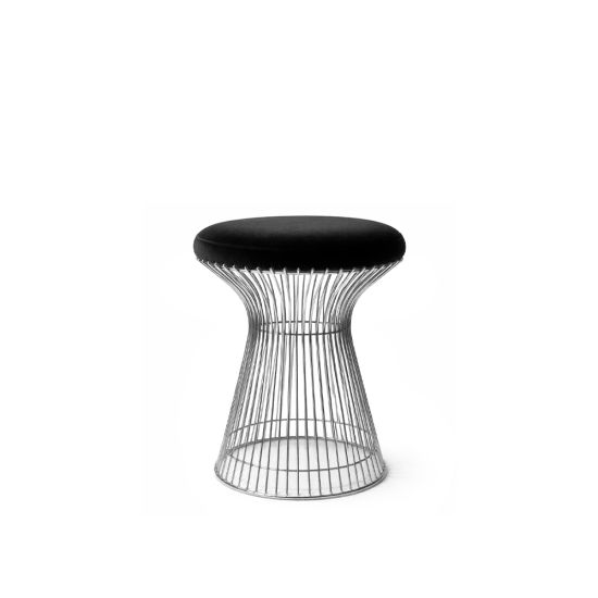 Silver wire ottoman with Black cushioned seat, modern metal stool for living room or event seating