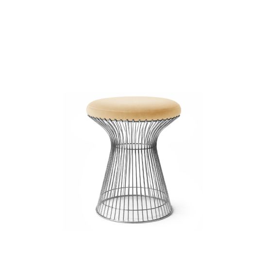 Silver wire ottoman with Champagne cushioned seat, modern metal stool for living room or event seating