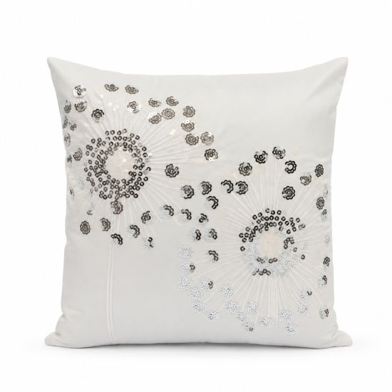 White throw pillow with silver sequin swirl and floral accents, glam decorative cushion for weddings and upscale lounge décor styling.