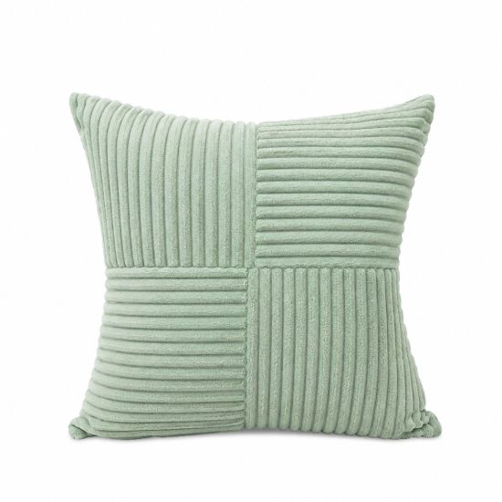 Sage green throw pillow with ribbed stripe texture and stitched panel design, modern accent cushion for lounge décor and event styling.