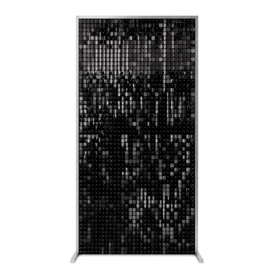Black sequin wall panel with shimmering reflective tiles on stand, dramatic photo backdrop for weddings, events, and red carpet styling.